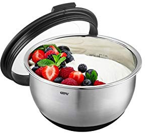 GEFU Edelstahlschüssel MUOVO – robuste Rühr-, Servier- oder Salatschüssel mit Silikonboden, Aufbewahrungsdeckel & praktischer Messanzeige, Ø 16 cm, Fassungsvermögen 1000 ml