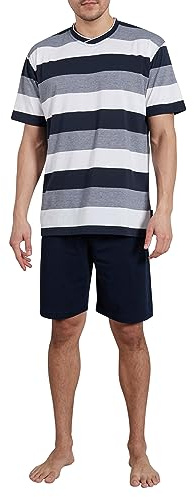Götzburg Herren Schlafanzug kurz Shorty Atmungsaktiv (as3, Numeric, Numeric_50, blau-mittel-Ringel)