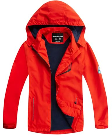 YoungSoul Manteaux Imperméables Garçon - Coupe Vent Doublé Polaire Fille - Veste de Pluie avec Capuche Amovible - Noir rouge - 3-4 ans/Taille 110