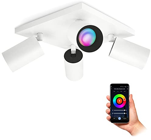 SSC-LUXon ALVO 4 Deckenstrahler weiß Smart GU10 RGB WLAN 4-flammig dimmbar | Smarte Deckenleuchte weiß mit 4x RGB GU10 - 16 Mio Farben per App & Sprache, WLAN ohne Hub, schwenkbar