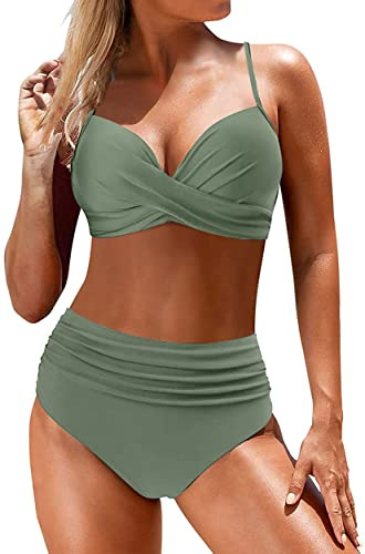 Yutdeng Swimwear Damen Zweiteiliger Badeanzug mit Bügel Crossover Bademode Push-up Bikinioberteil mit Schultergurt Wickel Hohe Taille Bikinihose Bedruckter Plissee-Bikini Set