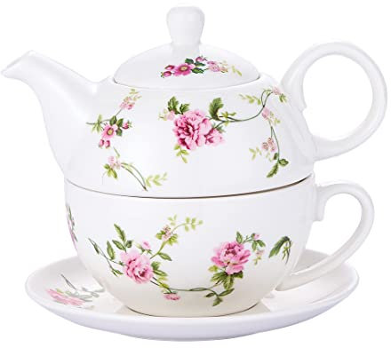 Juego de té de porcelana para uno, té de cerámica floral para una tetera y taza, juego de té de flores de ratán de 12 onzas, regalo para mujeres