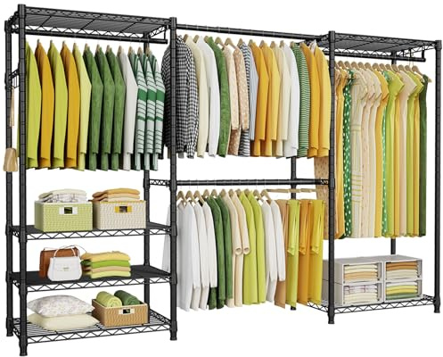 Ulif E1 Heavy Duty Closet Garment Rack, 6 Tiers Adjustable Metal Freestanding Expandable Clothing Storage with 4 Hanger Rods, Easy to Assemble Wardrobe, 71.4 H x (70 - 88.2) L x 14 D, Black