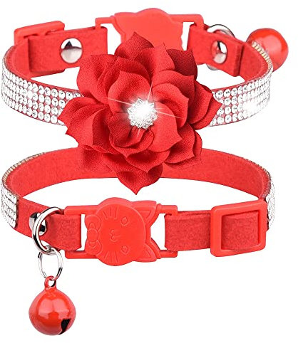 Katzenhalsband mit Strasssteinen und Glöckchen, glitzernd, mit weichem Samt, rote Blume, XS