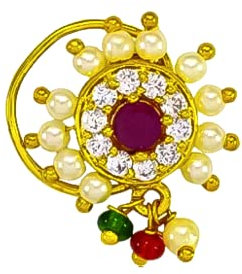 Nasenstecker mit Maharashtrian Nath Pearl AD Rubinstein, vergoldet, Mond-Stil, nicht durchbohrt, für Damen und Mädchen, von indischem Sammlerstück, Stein, Perle, Stein, Perle