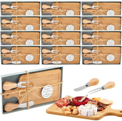 Ziliny 12 Set Bridal Shower Party Favors Wooden Square Cheese Board Gift Set Cheese Board Knives Thank You Tags with White Box for Guests for Valentine's Day Bridal Baby Shower Housewarming Gifts