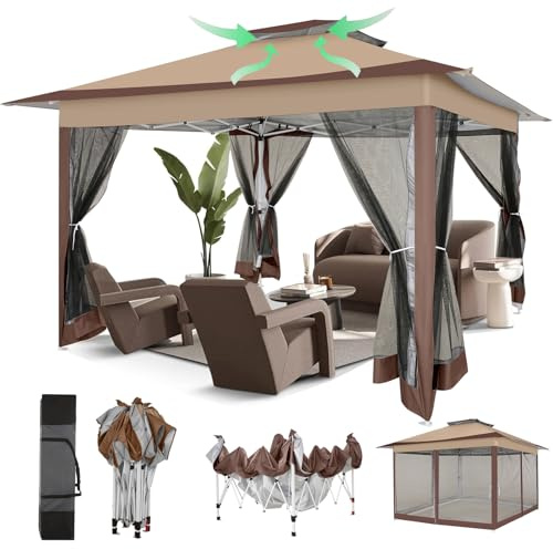COBIZI Garten pavillon 3x3 Wasserdicht Stabil Winterfest, Pop Up Pavillon Mit Moskitonetz, 3,65x3,65m Doppeldach Faltbarer Pavillon, Faltpavillon mit Sandsack für Hinterhof,Partys,Rasen(Braun Upgrade)