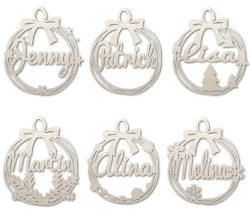 Urhome Weihnachtskugel Holz Ornament mit Wunschtext personalisiert - 6 Verschiedene Christbaumschmuck Motive - Weihnachtsbaum Name Gravur Anhänger für Familie Partner Freunde zu Weihnachten