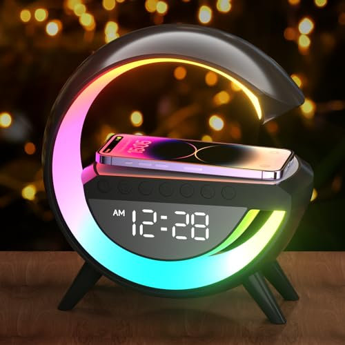 15W Chargeur sans fil Lampe Led Réveil Lampe d'ambiance Lampe de table intelligente avec haut-parleur Bluetooth Feux de course éblouissants 13 Modes Lumières pour bureau Chambre Cadeau (Black)