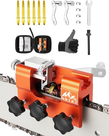 Chainsaw Sharpener Tool with 6PCS TITANIUM-PLATED Diamond Bits, Chainsaw Sharpening Jig Kit for 8-22 inches Chain Saws, Portable Hand Crank Chain Saw Blade Sharpener - With Waterproof Storage Bag
