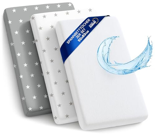 Sábanas bajeras Cochecito Goma elástica Juego de 3 Protector de colchón | impermeable con goma elástica 50x83 cm 2x Sábana bebé para cuna minicuna moisés capazo accesorios cama Estrellas blanco gris