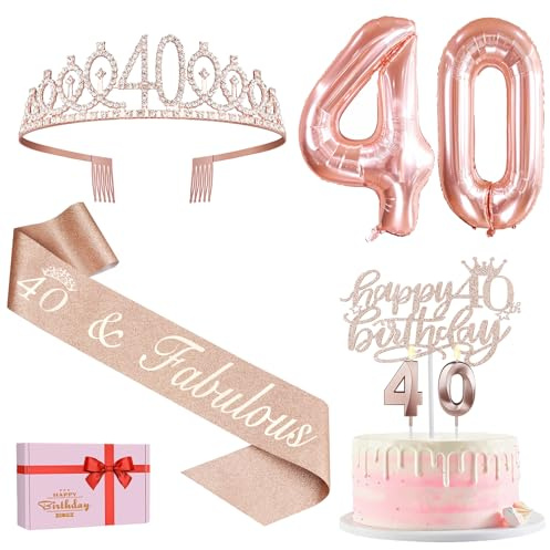 Amosking 40 Geburtstag Frauen Deko Roségold | 40 Geburtstag Krone, Schärpe, Tortendeko, Kerzen, Luftballons, Deko 40. Geburtstag Frauen