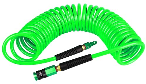 EADUTY Heavy Duty Polyurethane Recoil Air Hose 1/4 in x 25 ft, Lightweight, Flexible Compressor Hose with Universal Quick Coupler, Plug and Bend Restrictors, Green