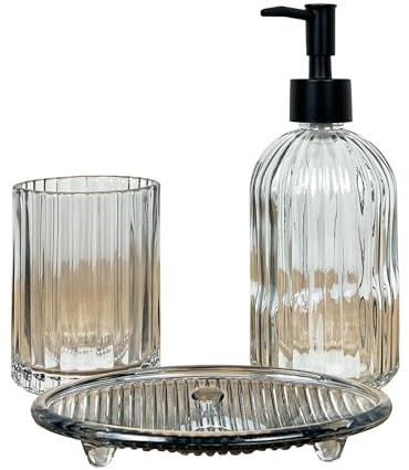 3 Piece Smoke Grey Ribbed Glass Bathroom Sink Accessories Set Liquid Soap Lotion Dispenser Tumbler/Toothbrush Holder Cup Oval Soap Dish