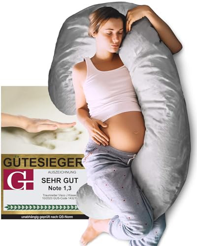 Traumreiter Seitenschläferkissen Visco J-XL mit Bezug Silber. Hybrid Kissen + 1cm Memory Foam. J Form Schwangerschaftskissen Gel Body Pillow Komfortkissen Erwachsene, Ergonomie Zertifiziert