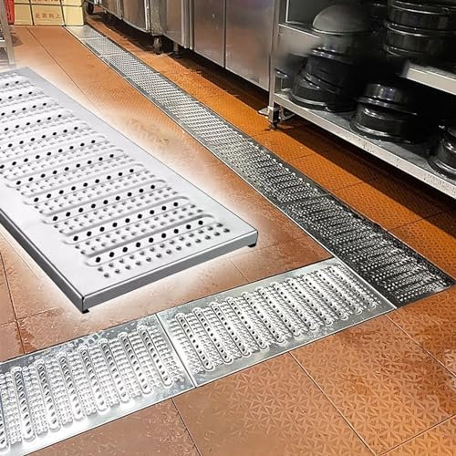 Oracra Entwässerungsrinne Französisches Entwässerungssystem für Küchen, Metallgitter-Duschrinnen-Abdeckplatte für Innenhof, rutschfeste Boden-Regengittersiebe/Graben(58cmx30cmx2.5cm)
