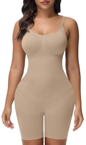Breampot Shapewear Damen Figurformender Body Shaper Bauchweg Hohe Elastizität Bodysuit mit Bein Shorts Bodysuit Verstellbarer Schultergurt (Large, Beige)