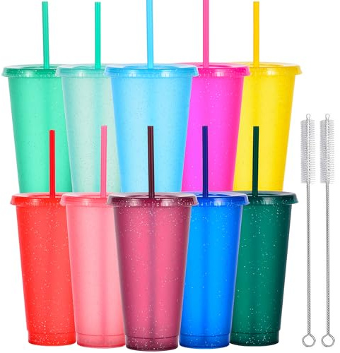 Yisituo 24 oz Reusable Plastic Cups, 10 Pack Cold Cups with Lid and Straw, Tumblers Travel Mugs for Adults Party and Beach, Pool Gatherings (10, Rainbow)