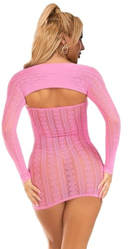 ohyeahlady Mini Vestidos Mujer Fiesta Noche Talla Grande Vestido Ajustado Sin Espalda Verano Bodystocking Rejilla Curvy Collant Elegante Corto Ropa Dormir Elástica Clubwear Lencería Curvy Rosa,XS-M