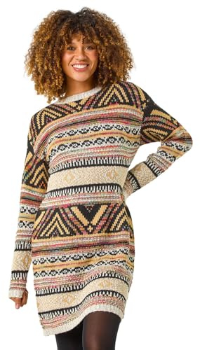 Roman Thick Jumper Dress for Women UK Ladies Fairisle Aztec Knitted Knit Sweater Knitwear Autumn Winter Holiday Round Neck Long Sleeve Soft Knee Length Sweat Warm