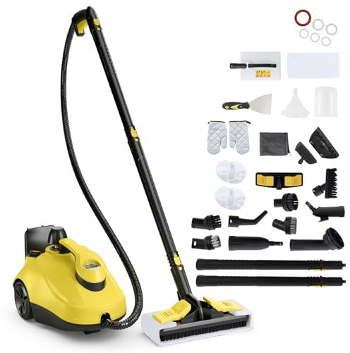 SOARS Dampfreiniger mit 21 Zubehör, Dampfdruck: 5 bar, Max. 160 ℃, Aufheizzeit: 8 min., Leistung: 2000 W, Tank: 1,8 L, Handdampfreiniger für Teppiche, Boden, Fenster (Gelb)