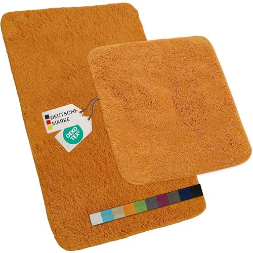 NYVI Badematten Set 2 teilig NYVISpa Lasalle 45x50 + 50x80 cm Orange Badematte & WC-Vorleger - Badezimmerteppich Set - rutschfest, Saugfähig, Schnell Trocknend, Fußbodenheizung geeignet, Oeko-TEX