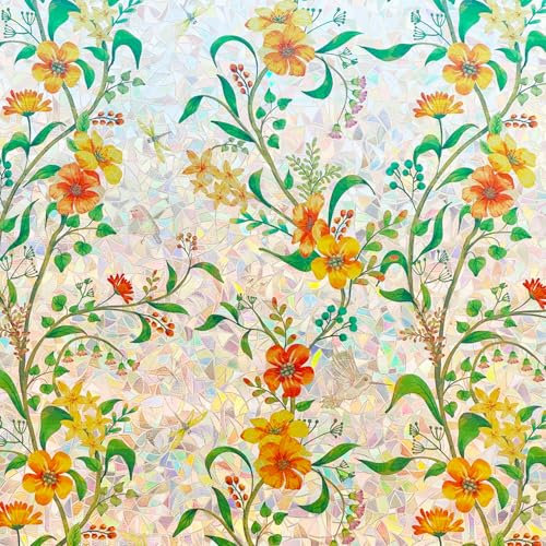 Stained Glass Window Film Static Cling Door Privacy Film Decorative Flowers Green Leaves Window Decals Stickers Heat Control Anti UV for Home and Office,17.5 inches by 78.7 inches
