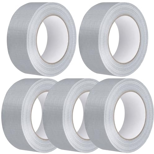 MUKSUET 5 Rolls 50mm x 50m Silver Duct Tape, Strong Adhesive Cloth Repair Tape, Heavy Duty Waterproof Gaffa Tape for Packaging, Sealing, Bundling, Binding Surface Repairs