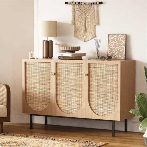 DAWNYIELD Rattan-Schrank mit 3 Türen, Holz Sideboard mit Metallgriffen | Aufbewahrungsschrank mit verstellbaren Einlegeböden, Rattan Buffet für Wohnzimmer, Schlafzimmer, Küche & Flur, 117x37,5x75cm