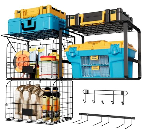 Swociro Garage Shelf Wall Mounted with Wire Baskets,Heavy Duty Wall Garages Shelving with Garden Tool Rack and Hooks, Wire Shelves Baskets Tool Organizer for Garage, Garden Driveway