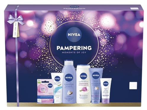 NIVEA Pampering Moments of Joy Gift Set (6 Products) – Women's Gift Set – Includes Shower Cream, Body Lotion, Lip Balm, Hand Lotion and Moisturising Cream, SPF 15