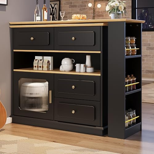 Soweiz Ausziehbarer Bartisch mit Stauraum(125-181×39×104.5cm), 360° drehbare Essbar, Beweglicher Bar Table,Hochtisch Kücheninsel Bistro Table, Sideboardschrank mit Regalen und Glas (Schwarz)