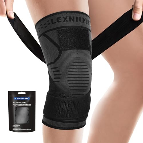Lexniush Kniebandage mit Verstellbaren für Männer Damen, Kompression Kniestütze Bandage Knie für Arthrose, Meniskus, ACL, Knieschmerzen, Knieorthese Rechts/Links für Sport, Joggen, Laufen, Schwarz,XL