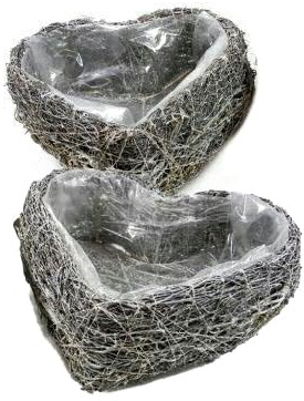 Pflanzherz - Pflanzkissen - Pflanzschalen - Pflanzkränze aus Naturreben - Mit Folie - Für würdevolle Trauerfloristik, Grabschmuck & Zeitlose Dekoration (Pflanzherz 2er. - 23 x 26/19 x 20 cm Grau)