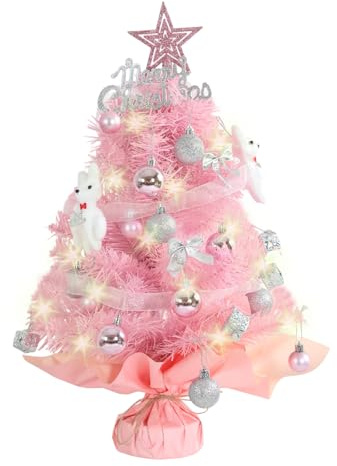 60cm Weihnachtsbaum mit LED Lichterkette,Mini Künstliche Weihnachtsbäume mit Stern Baumspitze und Weihnachtskugeln,Tannenbaum für Weihnachtsdeko Innen Büro Weihnachten Advent (Rosa)