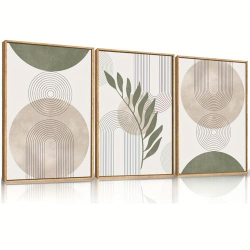 LIFKNVN Set di 3 quadri da parete con cornice botanica e motivo boho, dipinti su tela con linee geometriche verde salvia, foglie beige e verdi, per camera da letto, 50x70 cm, con cornice.