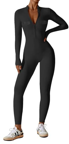 Ecupper Damen Jumpsuits Yoga Bodycon Einteiler Zip Up | Damen Jumpsuit langarm mit Reißverschluss, ohne Pads & ohne Taschen, stretchbarer Stoff, für Fitness & Yoga