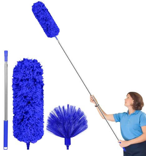 Fogray Extendable Feather Duster with Long Telescopic Pole & Cobweb Brush | Washable & Bendable Feather Duster for Cleaning Roof, Ceiling Fan, Blue