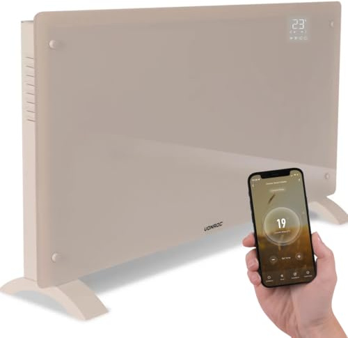 VONROC Convecteur électrique Smart 2500W - Panneau en verre avec écran LED - Contrôle WiFi via App Tuya Smart Life - Thermostat 5-50°C - Minuterie - IP24 - Mur ou Sol Beige