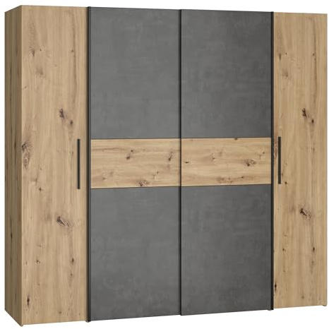 Forte KALIXTUS Kleiderschrank 200, moderner Dreh-/Schwebetürenschrank, 4-türig, geräumig, Holzwerkstoff, Artisan Eiche Holzdekor/Betonoptik Grau, 200,1 cm breit x 190,5 cm hoch x 61,2 cm tief