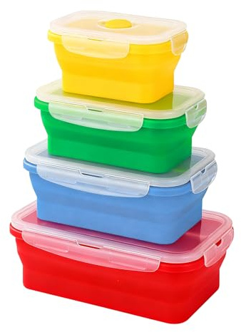Euablfo 4 Stück Faltbare Brotdose, Faltbare Dosen mit Deckel,Faltbare Lunchbox mit Schnappdeckel, Silikon-Lebensmittelbehälter-Set, Für Lebensmittelaufbewahrung, Meal Prep (Gelb/Grün/Blau/Rot)