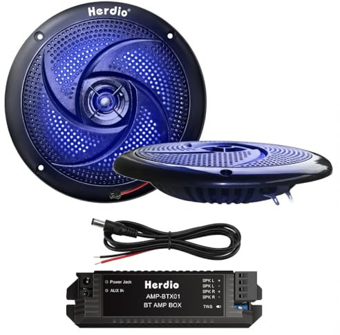 Herdio 5.25 Bluetooth Marine Speakers, Low Profile Slim Design with LED Lights, 160W 2-Way Weather Resistant Outdoor Audio, Suitable for Boat, RV, UTV, ATV, Golf Cart (2-Pack, Black)