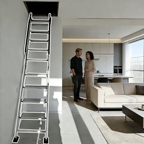 Scala per Soppalco Scala Pieghevole per Soffitta, Scala Portatile con Gradini Estensibili per Impieghi Gravosi, Scala di Uscita Antiscivolo per Soffitta(Silver,10 Step-293cm (9.6ft))