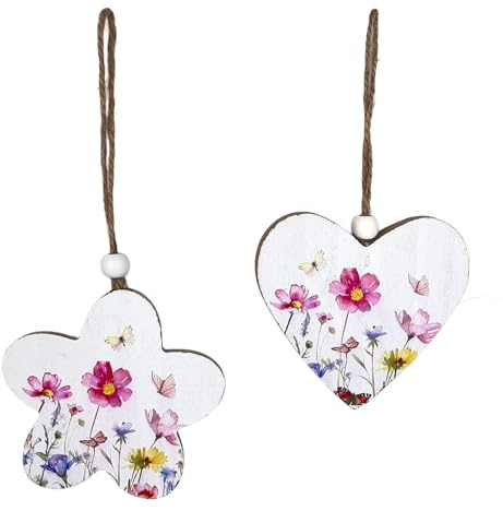 2 Holzanhänger weiß, bunt 8 cm Herz und Blume – Geschenkidee Liebe | Frühling Hochzeit Tischdeko klassischer Hingucker Fensterdeko