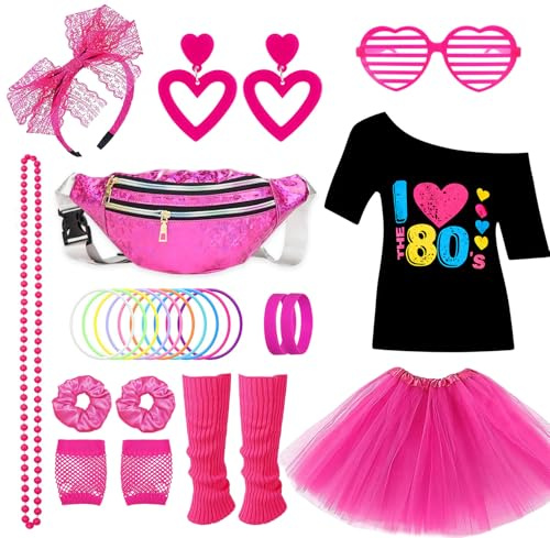 26PCS Deguisement Annee 80s Accessoire, Tenue de Soirée Disco Néon des Années 90s, T-shirt, Tutu, Bracelet, Sac Banane, Lunette, Bracelet, Colliers, Jambières, Tenu Année Thème Soirée Carnaval Femme