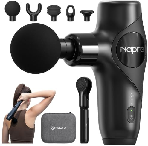 Massagepistole,NAPRE 3-in-1 Mini Massage Gun Massage Pistole mit Abnehmbar Verlängerung,Muskel Percussion Massagegerät für Rücken Nacken Körper,Ultra-Leise & Klein,5 Köpfe & Koffer