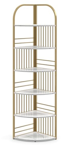 CASART Corner Shelf, 4/5/6-Tier Wooden Tall Bookshelf, Freestanding Storage Shelf Narrow Ladder Shelving Unit for Living Room Bedroom Office Hallway (White+Gold, 6-Tier) | Freestanding Storage Shelf Narrow Ladder Shelving Unit for Living Room Bedroom Office Hallway