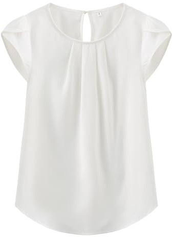 TASAMO Women's Casual Round Neck Basic Pleated Top Cap Sleeve Curved Keyhole Back Chiffon Blouse (Large, White)