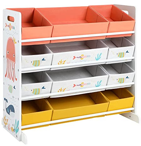 SONGMICS Spielzeugregal, Kinderzimmerregal mit 12 Stoffboxen, für Bücher und Spielzeug, Spielzeug-Organizer, Kinderzimmer, für Kinder, multifunktional, weiß GKRS04WT