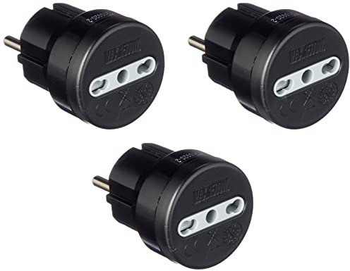 Electraline 92381 Adattatore Presa 10/16 A, Spina Schuko Adattato per i Viaggi in Germania, Spagna, Portogallo, Austria, Grecia, Turchia, Nero, Confezione da 3